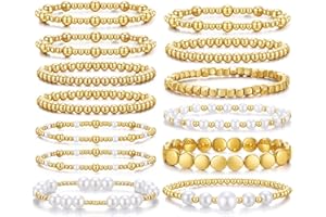 KISS WIFE Gold Bracelets for Women Gold Bracelet Stack Pearl Beaded Bracelets for Women Strand Bead Ball Stretchable Elastic Bracelet Set Adjustable Fashion Accessories Jewelry for Gifts