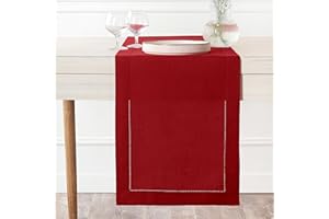 D'Moksha Homes Linen Table Runner 14 x 48 Inch - 100% Pure Linen Classic Hemstitch Red Table Runner - Machine Washable Farmhouse Table Runner for Christmas Decor, New Year