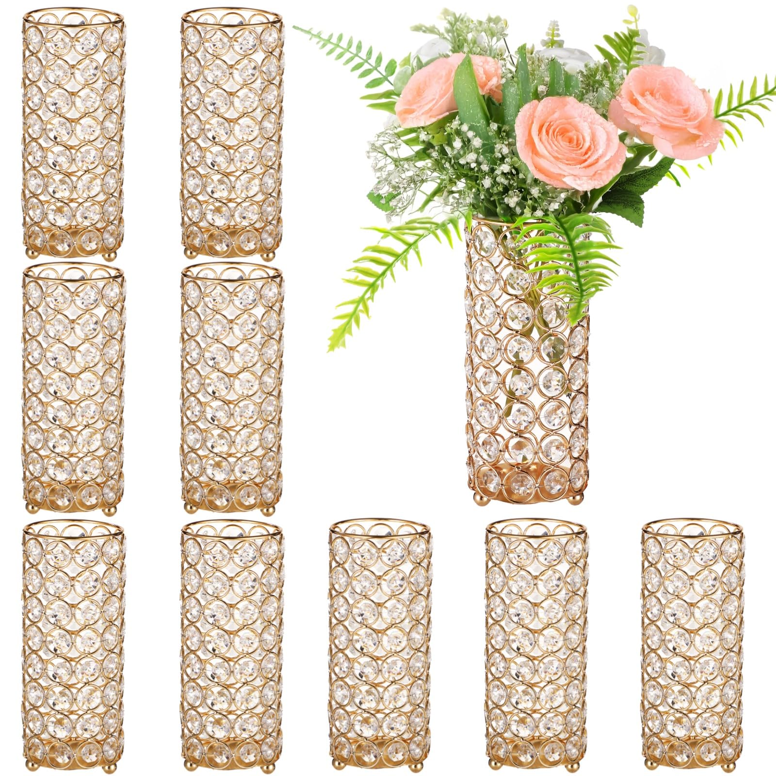 Photo 1 of 10 PCS Golden Crystal Flower Vases, Metal Cylinder Centerpiece Candle Holders, Hollow Diamond Design Vase for Wedding Table Decor, Candlelight, Banquet Decoration
