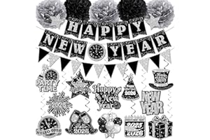 New Years Decorations Hanging Swirls,Black and Silver 2026 New Years Eve Decorations Banner Ceiling Hanging Pom Pom Garland T