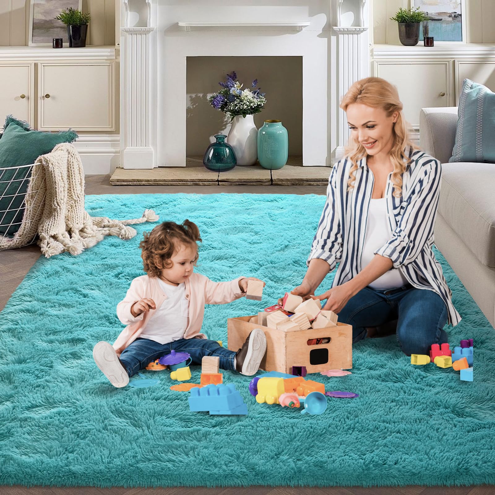 Photo 1 of FinRe?c Soft Blue Rugs for Bedroom Living Room, 3x5 Feet Plush Shaggy Area Rug, Non-Slip Solid Fluffy Rug for Kids Room Girls Dorm Room Home Decor, Indoor Floor Carpet