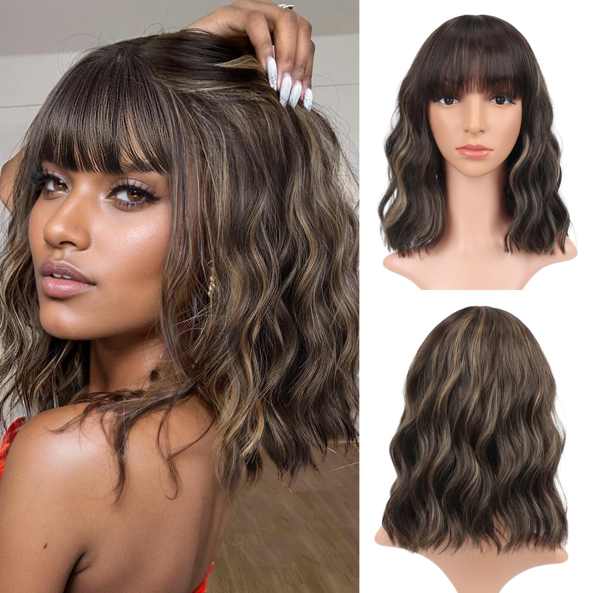 Photo 1 of VCKOVCKO Short Bob Wigs Honey brown mix Blonde Wavy Wig With Air Bangs Women's Shoulder Length Curly Wavy Synthetic Cosplay Wig for Girl (12", Honey brown mix Blonde)