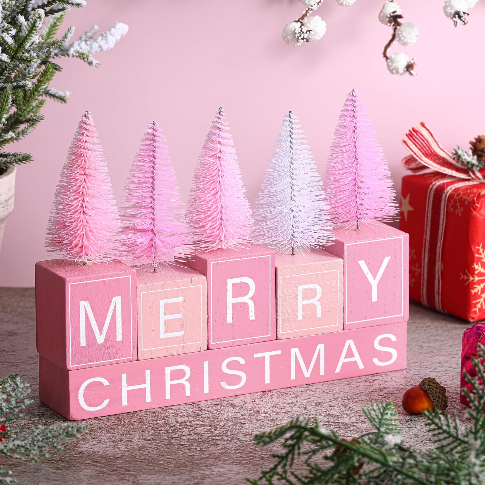 Photo 1 of Amyhill Pink Christmas Tabletop Decoration Wooden Merry Christmas Sign Pink Xmas Tree Decor Wooden Rustic Winter Holiday Tabletop Ornament for Xmas Party Shelf Mantel Tiered Tray Gift Office Kitchen