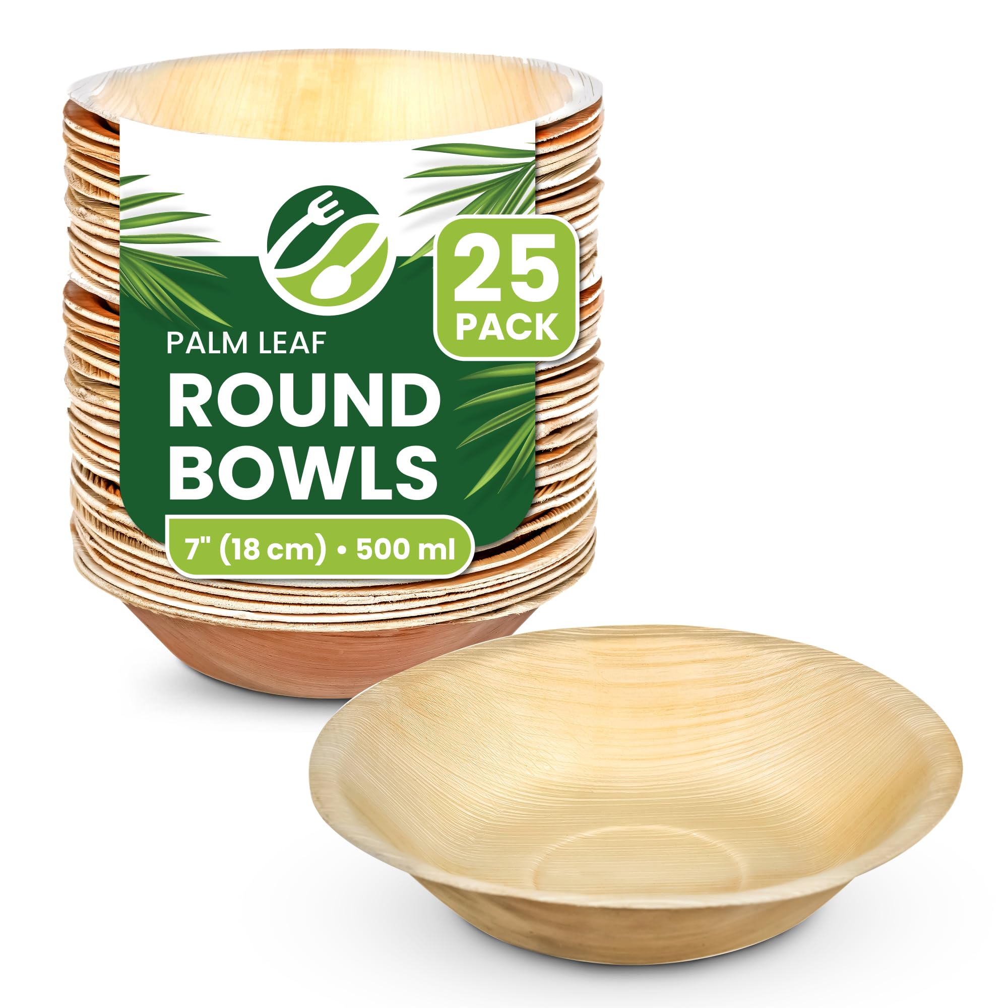 ECO Leaf 25 Disposable Palm Leaf Bowls |7”(18cm) Round Compostable Dinner Bowls | Eco-Friendly, Biodegradable Heavy-Duty Bowl for Wedding, Party and Picnic | Microwave & Oven Safe, Pack of 25
