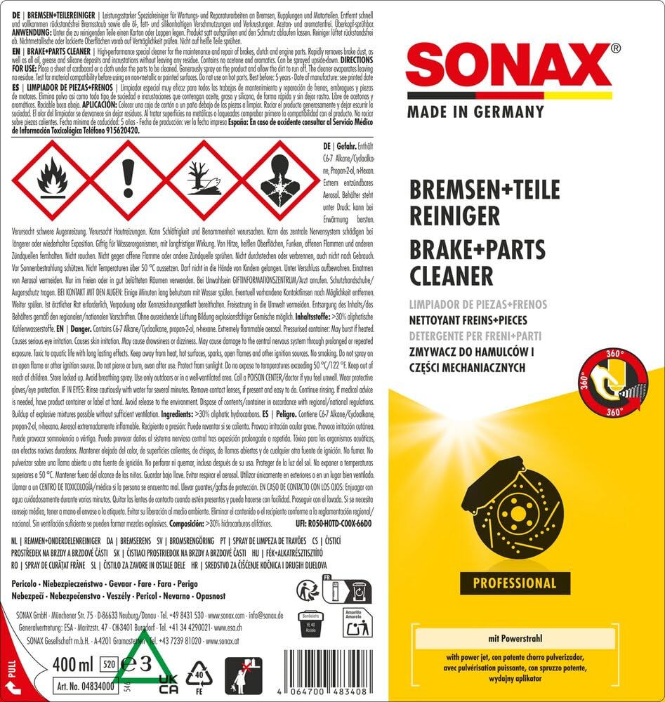 SONAX Bremsen+TeileReiniger (400 ml) entfernt schnell und vollkommen rückstandsfrei Bremsstaub sowie alle öl-, fett- und silikonhaltigen Verschmutzungen und Verkrustungen | Art-Nr. 04834000 2