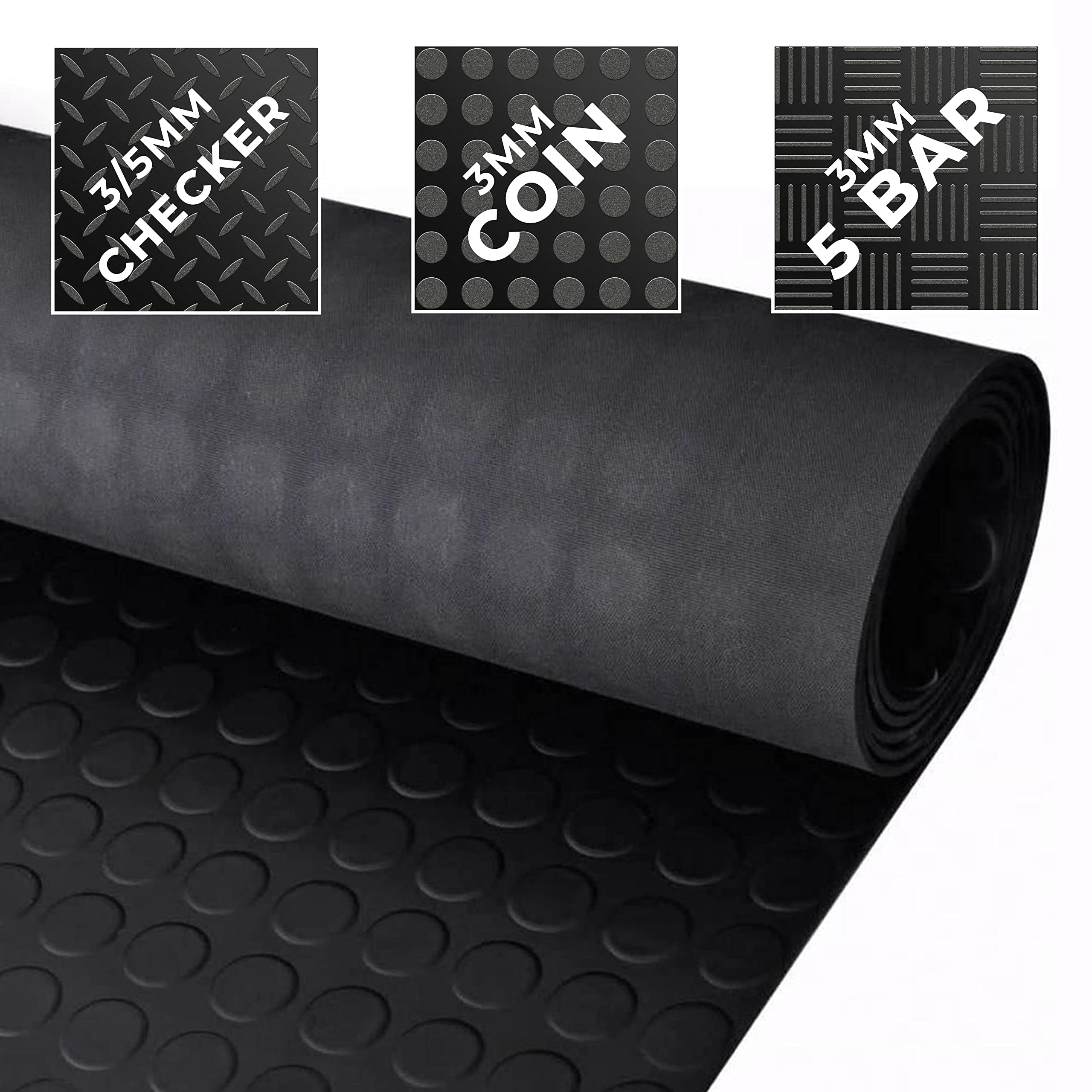 Trident Distributions Rubber Flooring Coin/Checker/5 bar Anti Slip Shed Van Garage Workshop Black Matting Roll - Multiple Style & Size, 0.5m x 1.5m