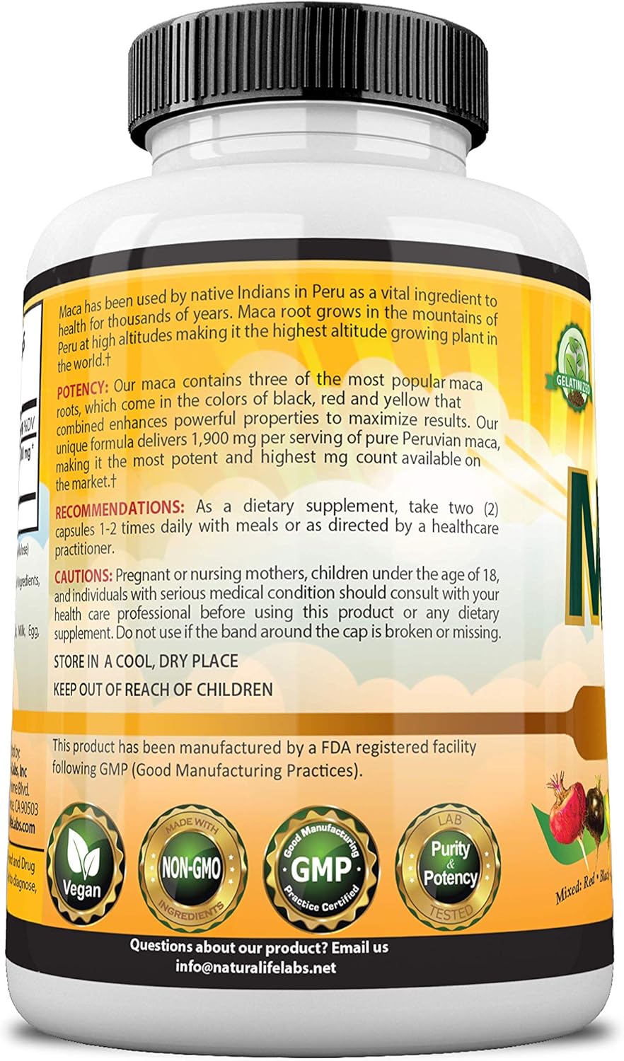 Organic Maca Root Black, Red, Yellow 1900 MG per Serving - 150 Vegan Capsules Peruvian Maca Root Gelatinized 100% Pure Non-GMO Supports Reproductive Health Natural Energizer: Health & Personal Care