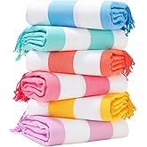Genovega 6 Packs Oversized Stripe Turkish Beach Towel 74"x38" Thin Quick Dry Sand Free Pool Bath Swim Towels Extra Large XL Clearance Blanket Adult Travel Vacation Essentials Accessories