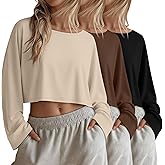 Yearntown 3 Pack Women's Long Sleeve Shirts, Cropped Loose Fit Oversized Tees Crew Neck Casual Fall Pullover Tops(Black, Pumpkin Brown, Cream,Medium)