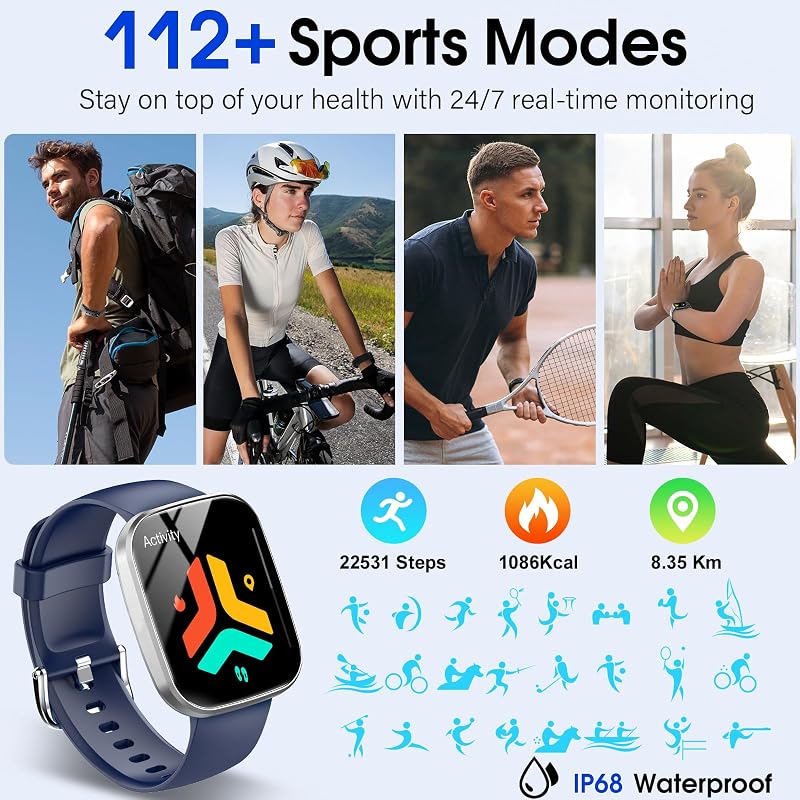 Smartwatch con Effettua/Risposta Chiamate,Orologio Smartwatch Uomo Donna con Contapassi/Sonno/Cardiofrequenzimetro, Fitness Tracker, IP68 Smart Watch per iOS Android A-Blu