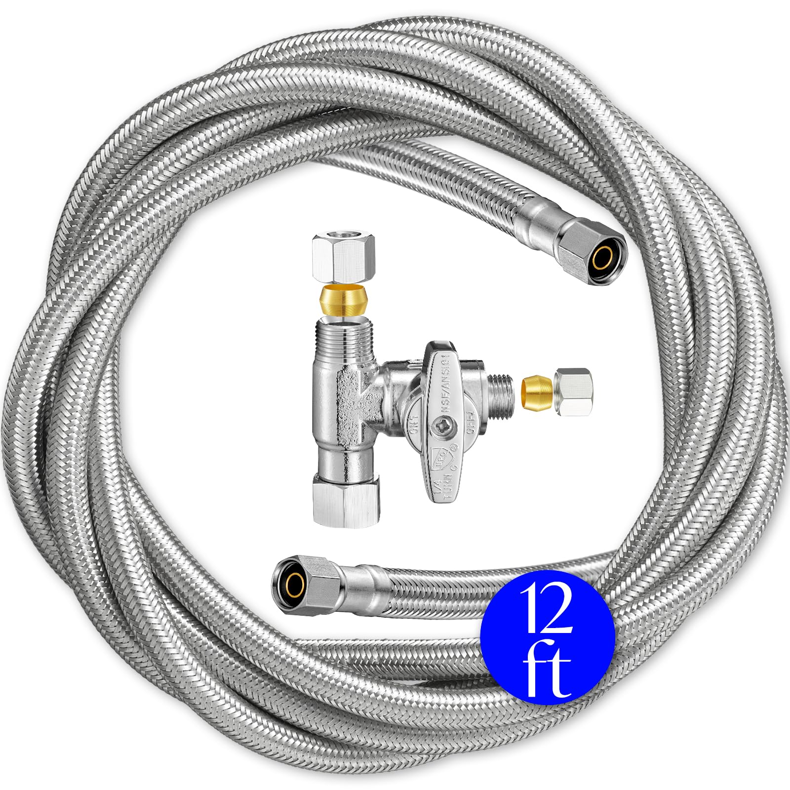 Photo 1 of Refrigerator Ice Maker Water Line Kit - 12' Braided Stainless Steel Fridge Water Line with 1/4" Compression Fittings Pex Tubing Core and Water Splitter