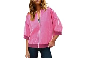 MYMORE Women's Oversized 3/4 Sleeve Acid Wash Sweatshirt Color Block Zip Up Sweatshirts with Pockets