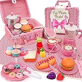 HAPGFS Pink Pretend Afternoon Tea Party Set with Storage Basket, Play Food &amp; Accessories for Girls, Tea Party Set for Toddlers Indoor Outdoor Pretend Play, Kids Picnic Basket Toy Gift for Ages 3-8