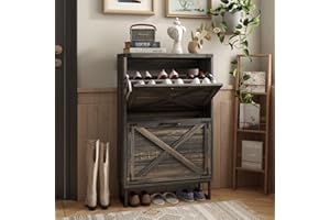 Maupvit 24" W Farmhouse Shoe Cabinet Storage for Entryway, Freestanding Organizer with 2 Flip Drawers, Narrow Shoe Rack Cabinet with Metal Corner Decoration, Dark Rustic Oak