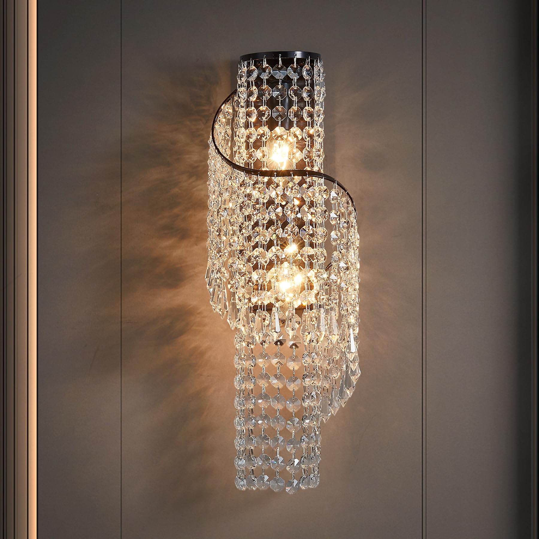 Photo 1 of masarayti K9 Crystal Wall Sconces, Adjustable 3-Color LED Wall Light with Titanium Black Metal Frame, Modern Living Room/Bathroom/Bedroom Lighting Fixture (Easy Install)