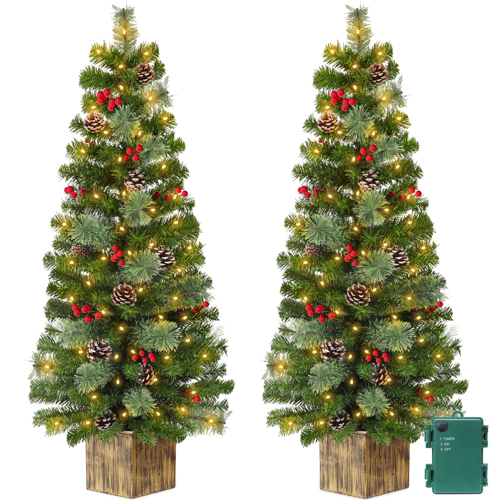 Photo 1 of 2 Pack 4 Ft Artificial Christmas Entrance Tree in 7”Large Base with 60 LEDs Warm White Light Timer Battery Operated 126 Classic Branch 18 Smoky Pine Bristle 14 Pinecone 12 Berries Xmas Door Decor