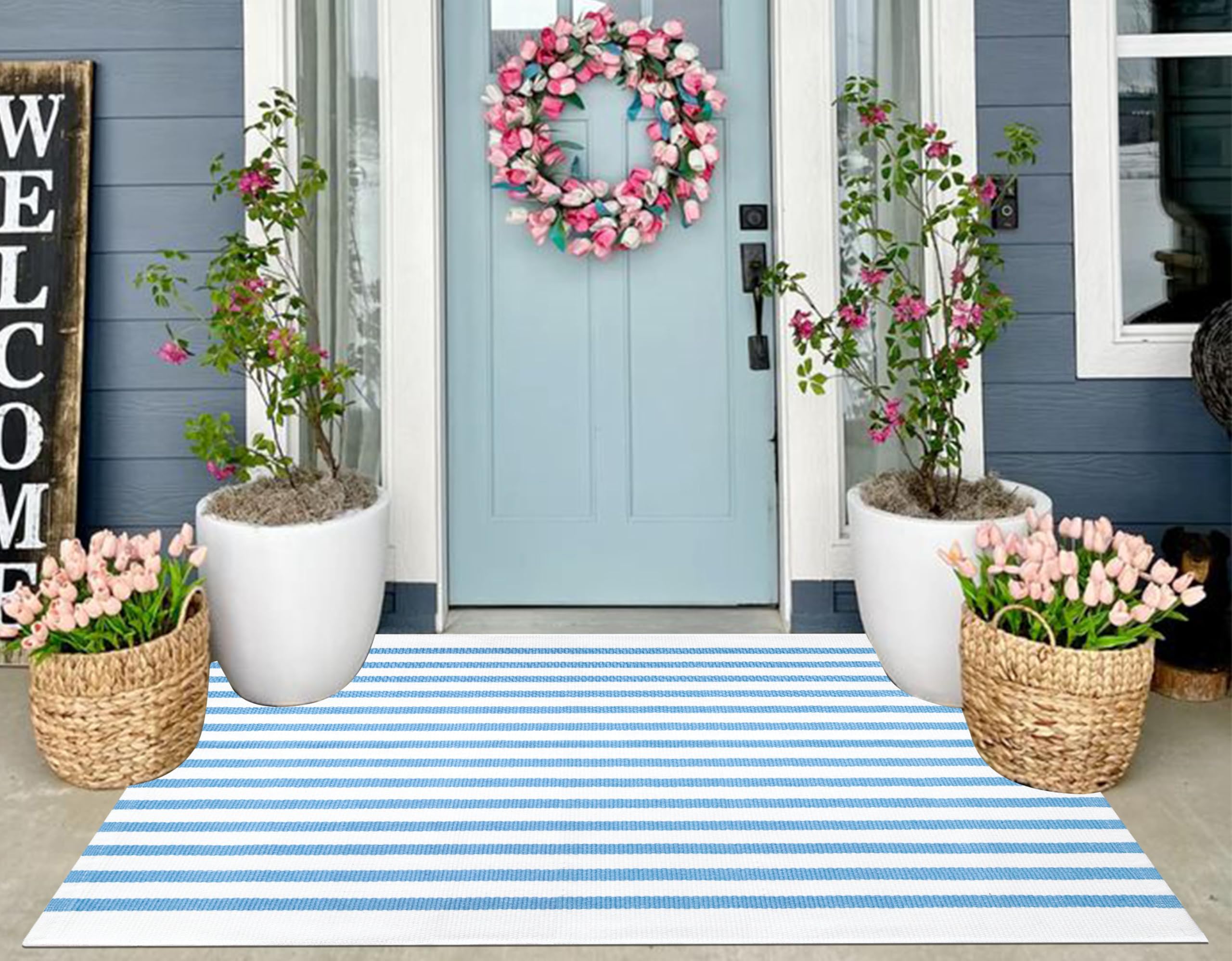 Light Blue and White Outdoor Rug 3'x5',Machine Washable Striped Porch Rug Cotton Woven Farmhouse Front Door Mats for Porch/Entryway/Home Entrance Decor/Bedroom/Laundry Room/Patio/Front Door