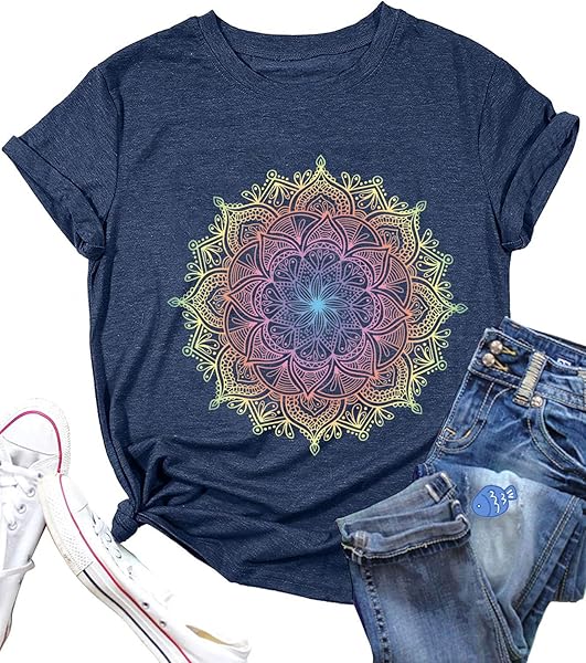 MANDALA T-SHIRT FOR WOMEN COLORFUL LOTUS FLOWER PATTERN SHIRT RETRO MANDALA SUMMER CASUAL TOP, NAVY BLUE XL