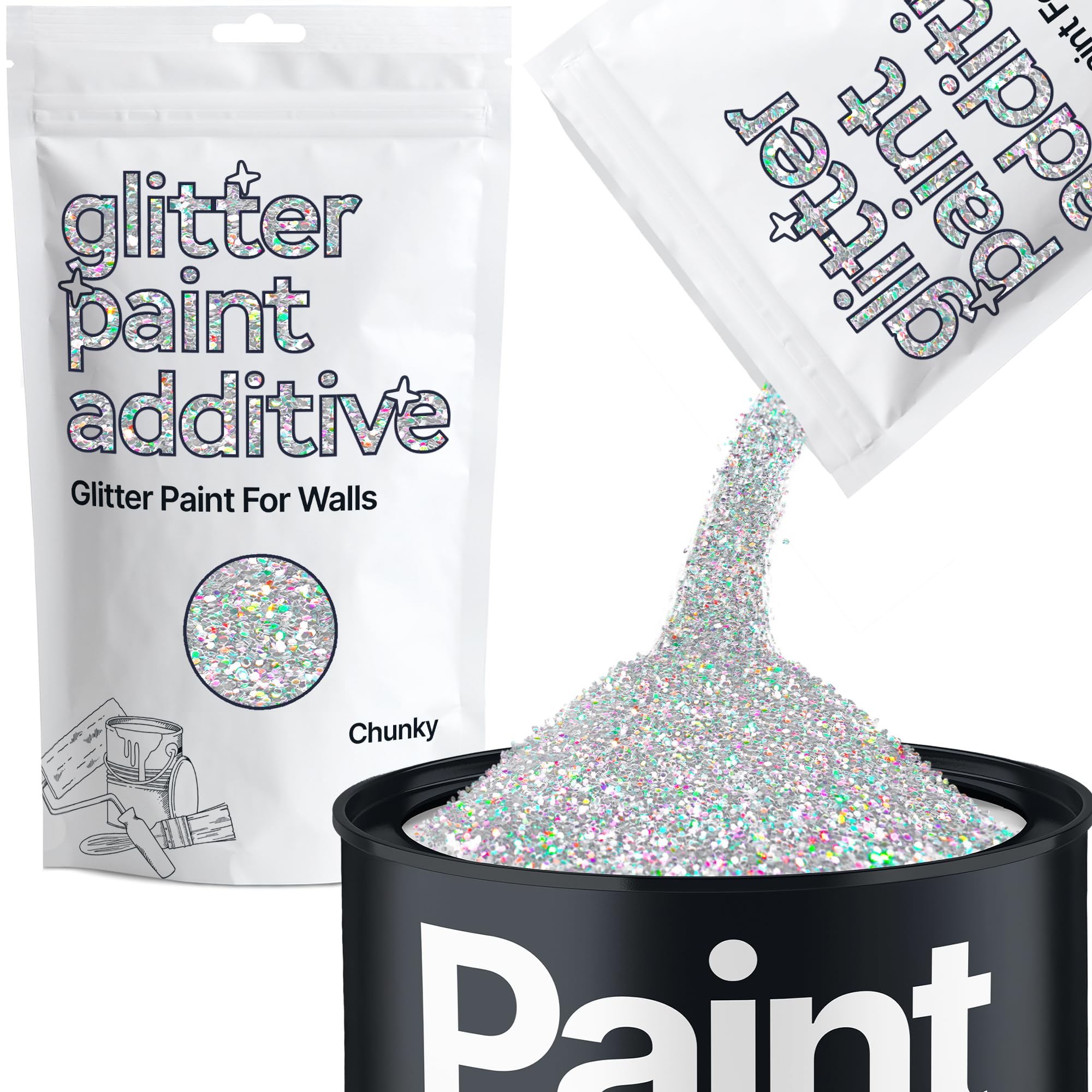 Hemway Silver Holographic Glitter Paint Additive Chunky 100g for Adding Sparkle to Paints & Varnish | Paint Walls Sparkly Add to Emulsion, Acrylic or Lacquer Indoor
