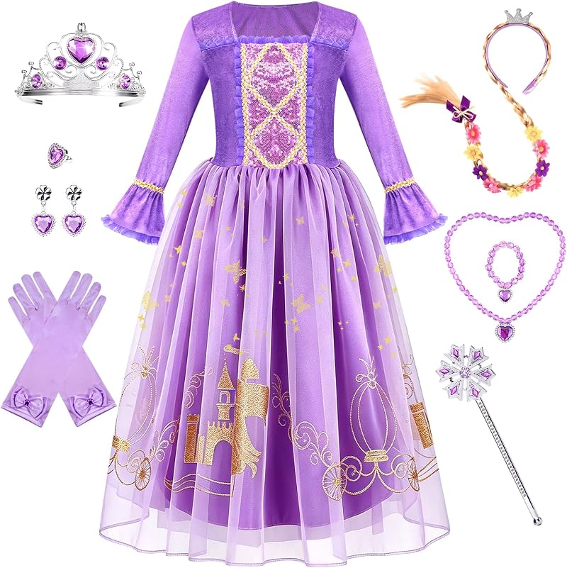 MELAND Princess Costume for Girls Purple Dress with Crown Wand Gloves (3-10)
