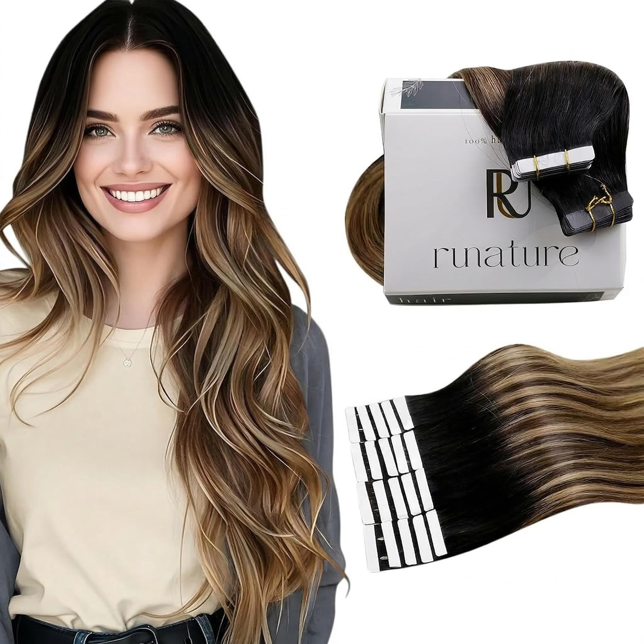 RUNATURE Tape in Hair Extensions Human Hair 20 inch Ombre Black Tape Hair Extensions Black to Dark Brown with Caramel Blonde Invisible Tapes Remy Straight Hair 50g/20Pcs #1B/4/27 — image 1