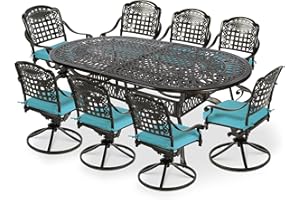 VIVIJASON 9-Piece Outdoor Patio Furniture Dining Set, All-Weather Cast Aluminum Conversation Set, Include 8 Swivel Dining Chairs and an Oval Table with Umbrella Hole, Ocean Blue Cushion