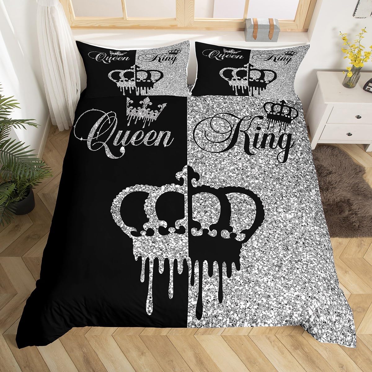 Homemissing Modern Queen and King Crown Duvet Cover Double Size Black and Grey Bedding Set Teens Adults Couple Comforter Cover Set 3 Pieces Girls Boys Valentines Day Gifts Bedding (No Glitter)