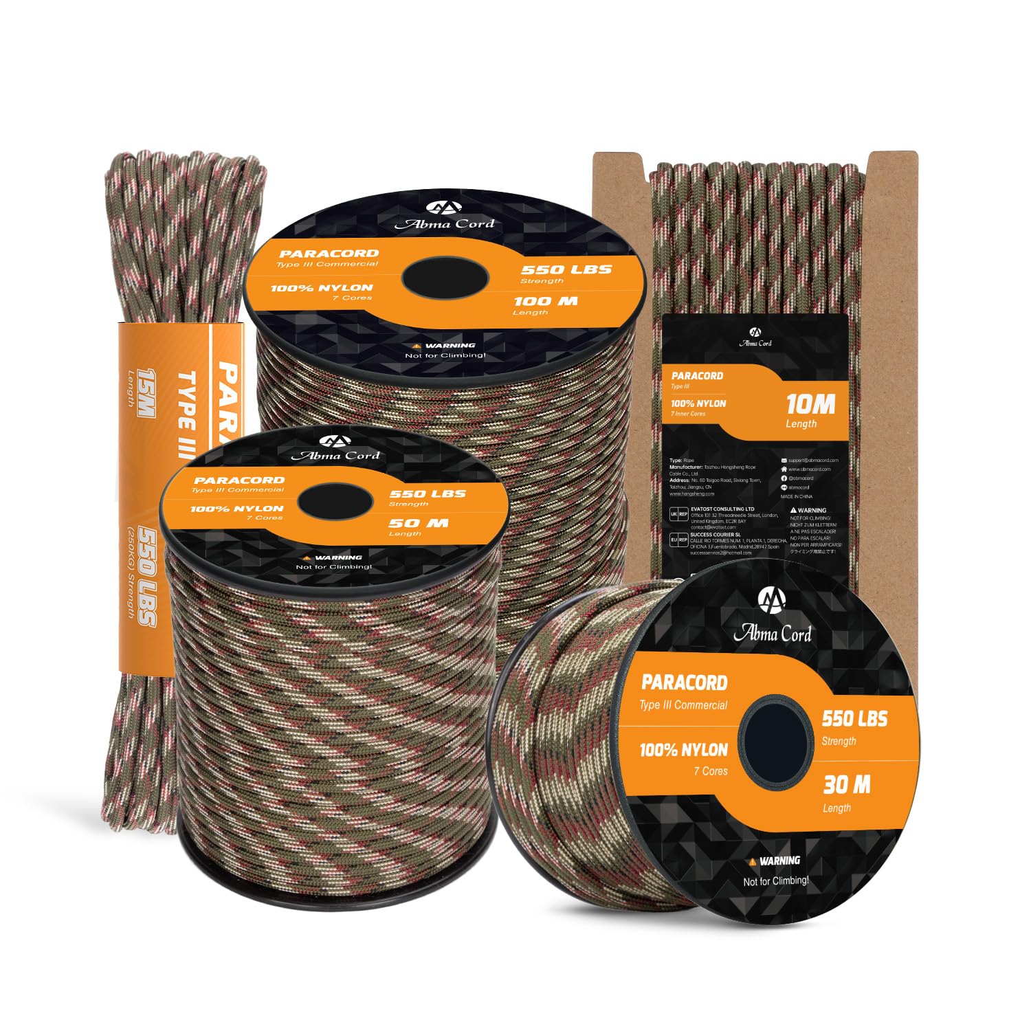 Abma Cord Paracord 550 4mm 30m 100% Nylon Rope Type III 7 Strands Parachute Cord for DIY, Camping, Survival, Outdoor - Max. 250kg - Forest Camo