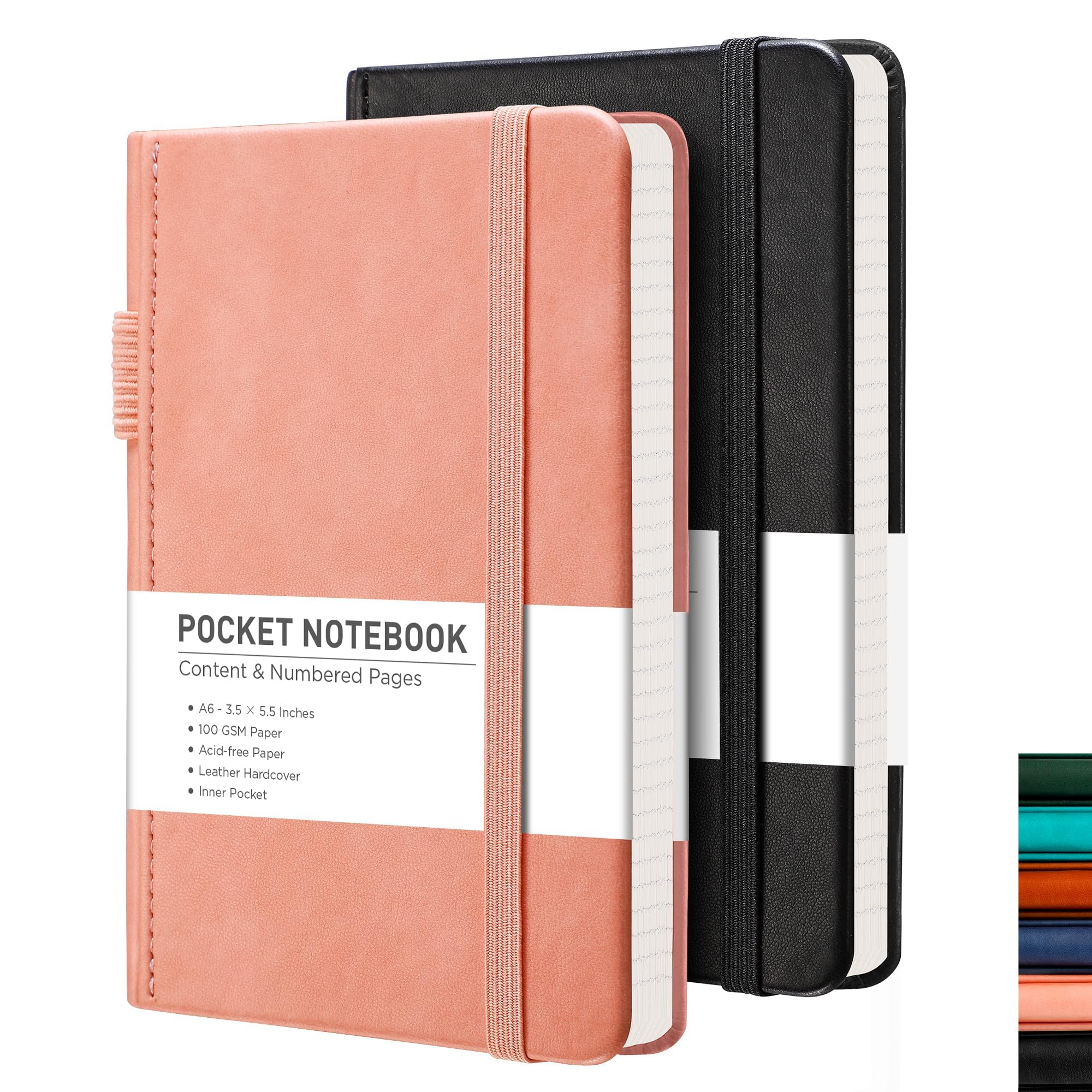 RETTACY Pocket Notebook A6 Mini Notepad 2 Pack Small Hardcover Journal with Content,312 Numbered Pages, 2 Inner Pocket, 100gsm Lined Paper 8.5 x 14 cm - Black Pink