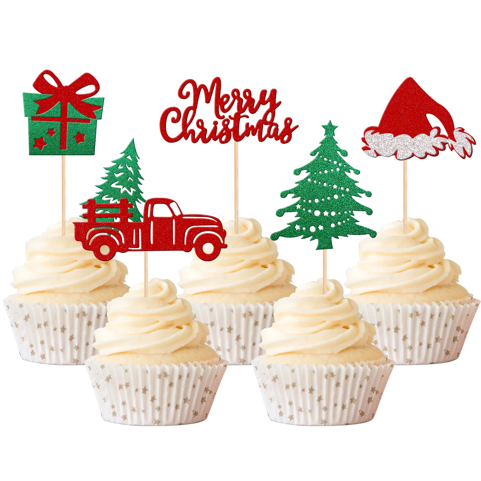 Xsstarmi 30 Pack Christmas Cupcake Toppers Glitter Truck Tree Hat Cupcake Picks Gift Box Cake Decorations for Christmas Theme Baby Shower Birthday Party Supplies