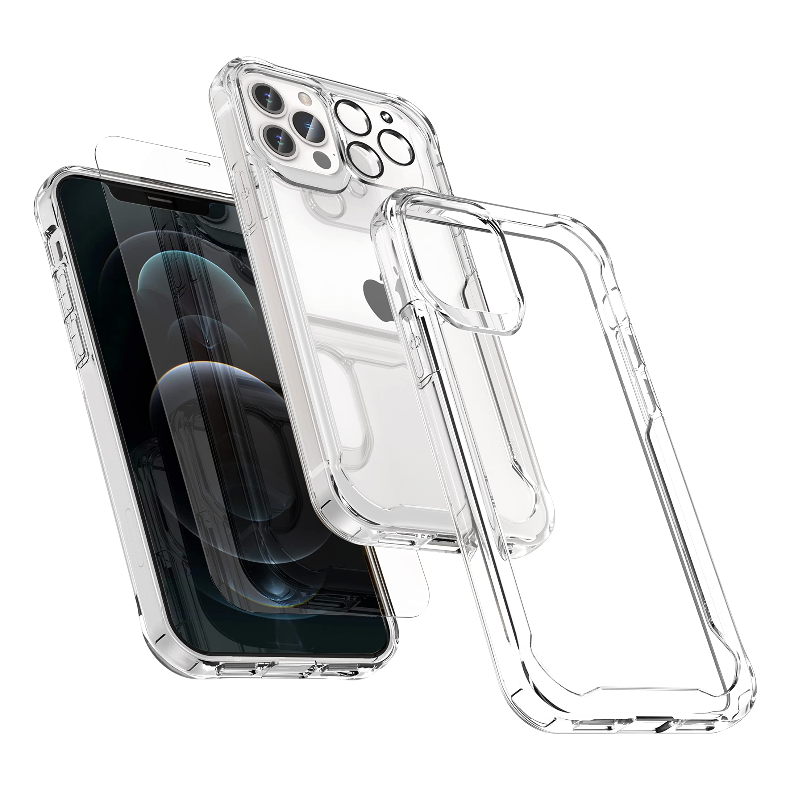 ORETECH Compatible with iPhone 12 Pro Max Case Clear, [2x 9H Tempered Glass Screen Protector & 1 Camera Lens Protector] Shockproof Hybrid Silicone Hard PC Bumper Phone Case - Clear — image 1
