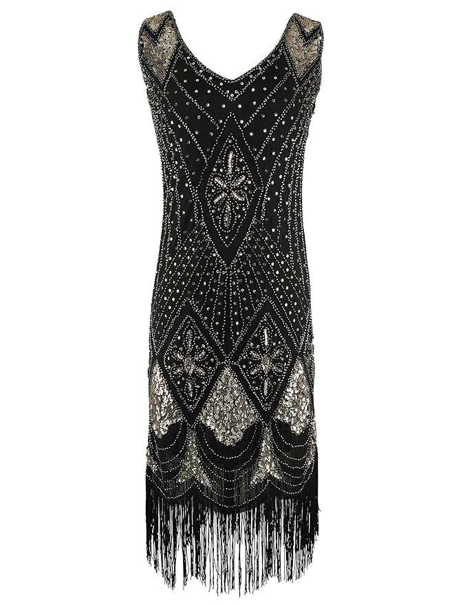 Women's 1920s Dress Gatsby Cocktail Sequin Beaded Flapper Dress (Gold, L) at Amazon Womenâs 