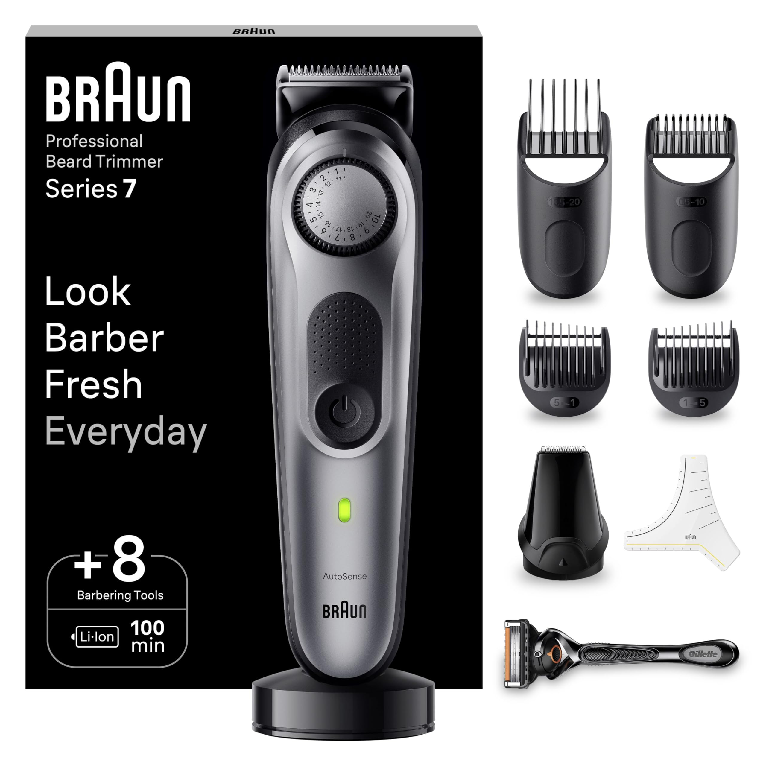 BRAUN Beard Trimmer Series 7 BT7420, Electric Trimmer for Men, Incl. Sharpest ProBlade, 40 Length Settings, Barber Tools, Charging Stand, Travel Case, Stencil, Rechargeable & Waterproof
