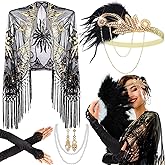 5 Pcs 1920s Accessories Set Flapper Feather Headband Pearl Necklace Earrings Gloves Fringed Evening Cape Scarf for Women