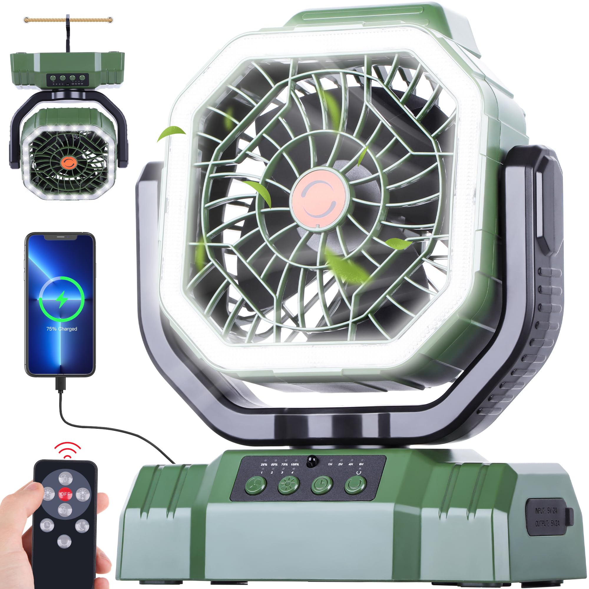 AVV 20000mAh High Speed Portable Camping Rechargeable Fan with Remote Control, Battery Powered with Auto Oscillating with Camping Essentials Accessories for Outdoor, Beach, Patio, Tent, Green Image