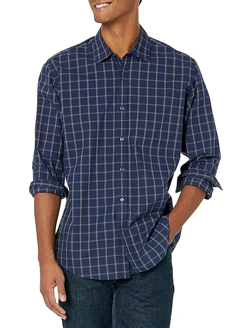 Amazon Essentials Men's Regular-Fit Long-Sleeve Casual Poplin Shirt, Navy Windowpane, X-Small