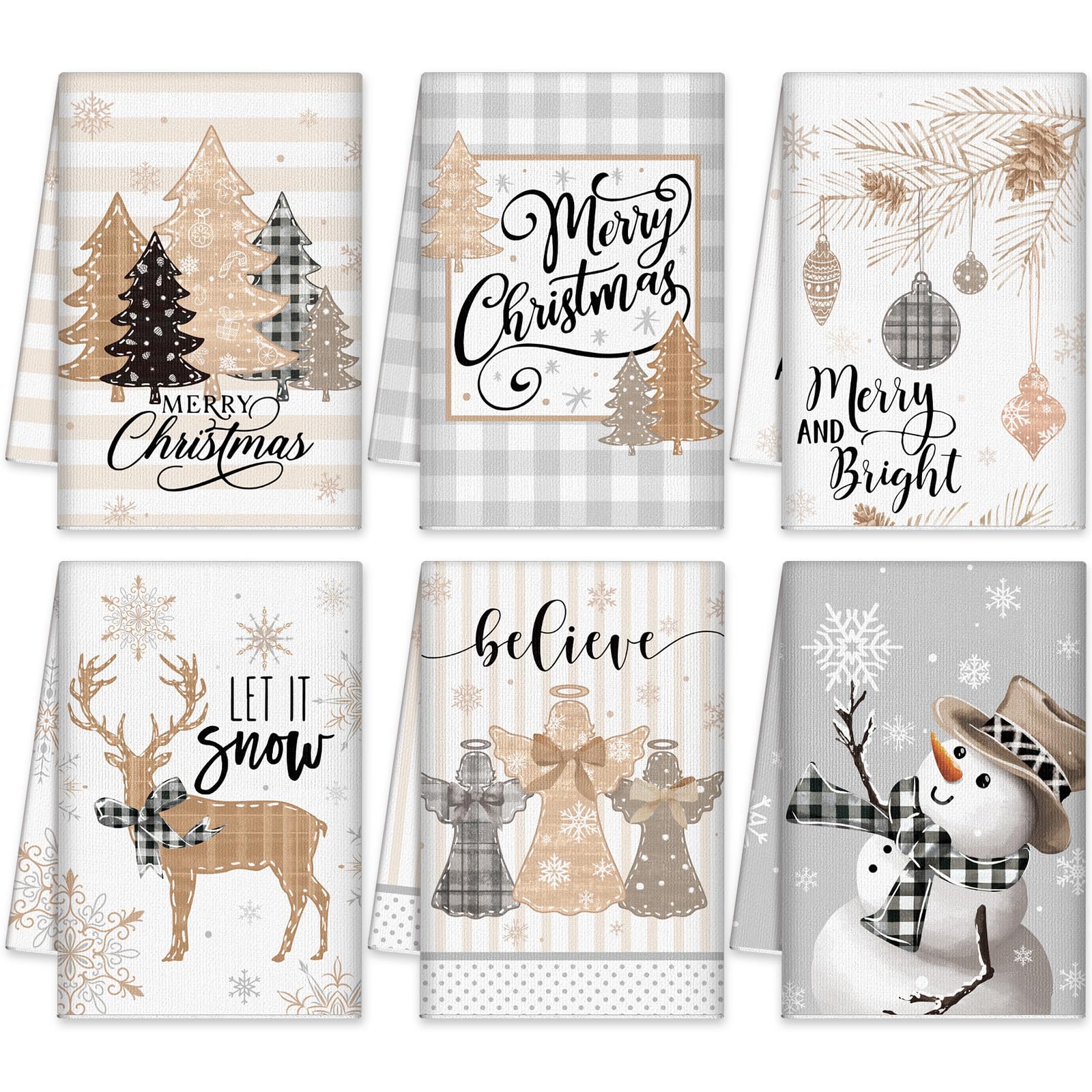 Photo 1 of FuWeave 6 Pcs Christmas Kitchen Towels Farmhouse Winter Hand Towels 21.26 x 14.17 Inch Absorbent Snowman Dish Towels Decorative Beige Tea Towels Xmas Kitchen Dishcloths for Winter Kitchen Decor Gifts