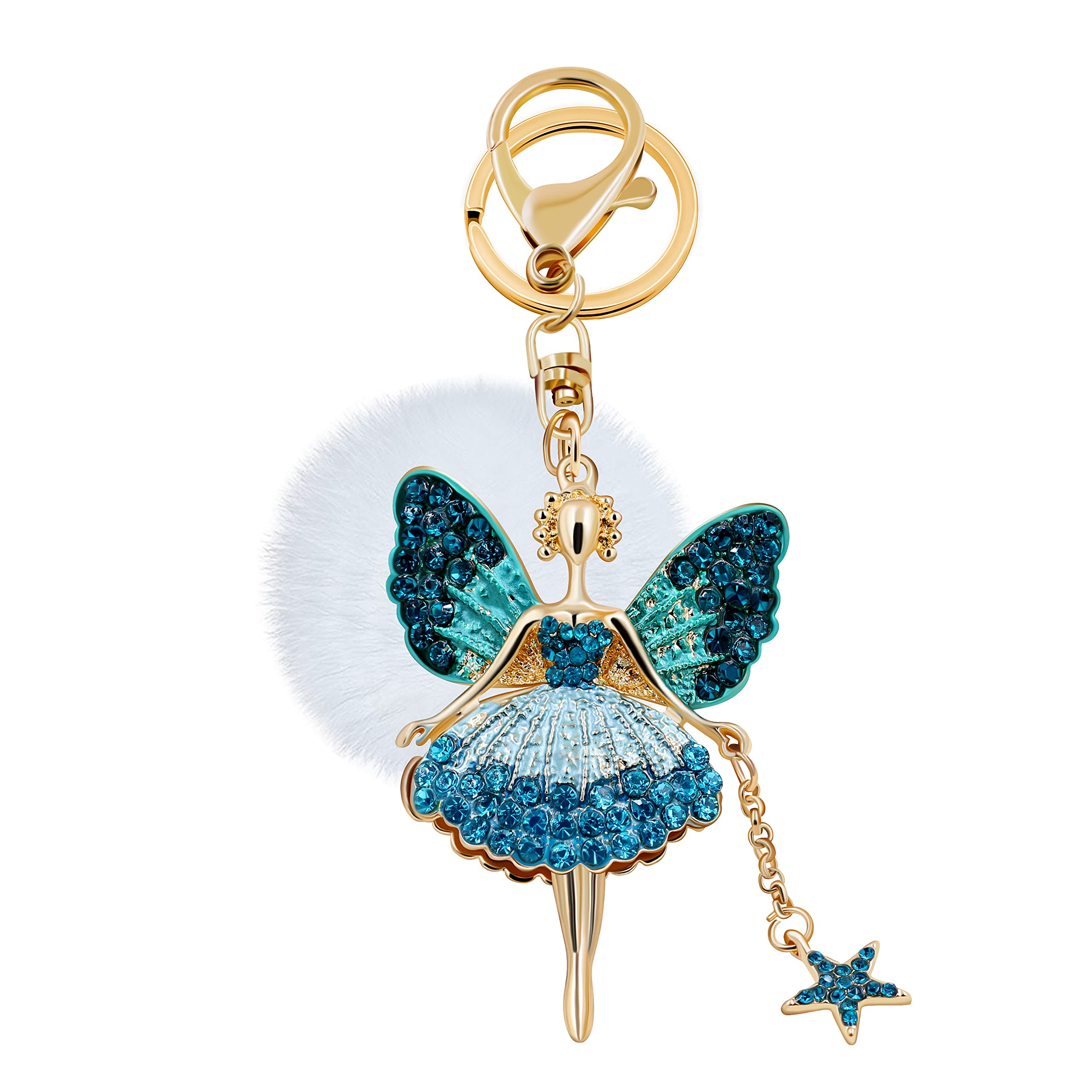 Uloveido White Fur Ball Keyrings Dancing Angel Girl Design Keychains for Teen Girls Women