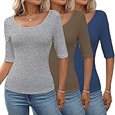 Zevi Women's 3-Pack Slim Fit Scoop Neck T-Shirts | Cotton Blend Stretch Half Sleeve Tops | Tight Fitted Casual Basic Tees
