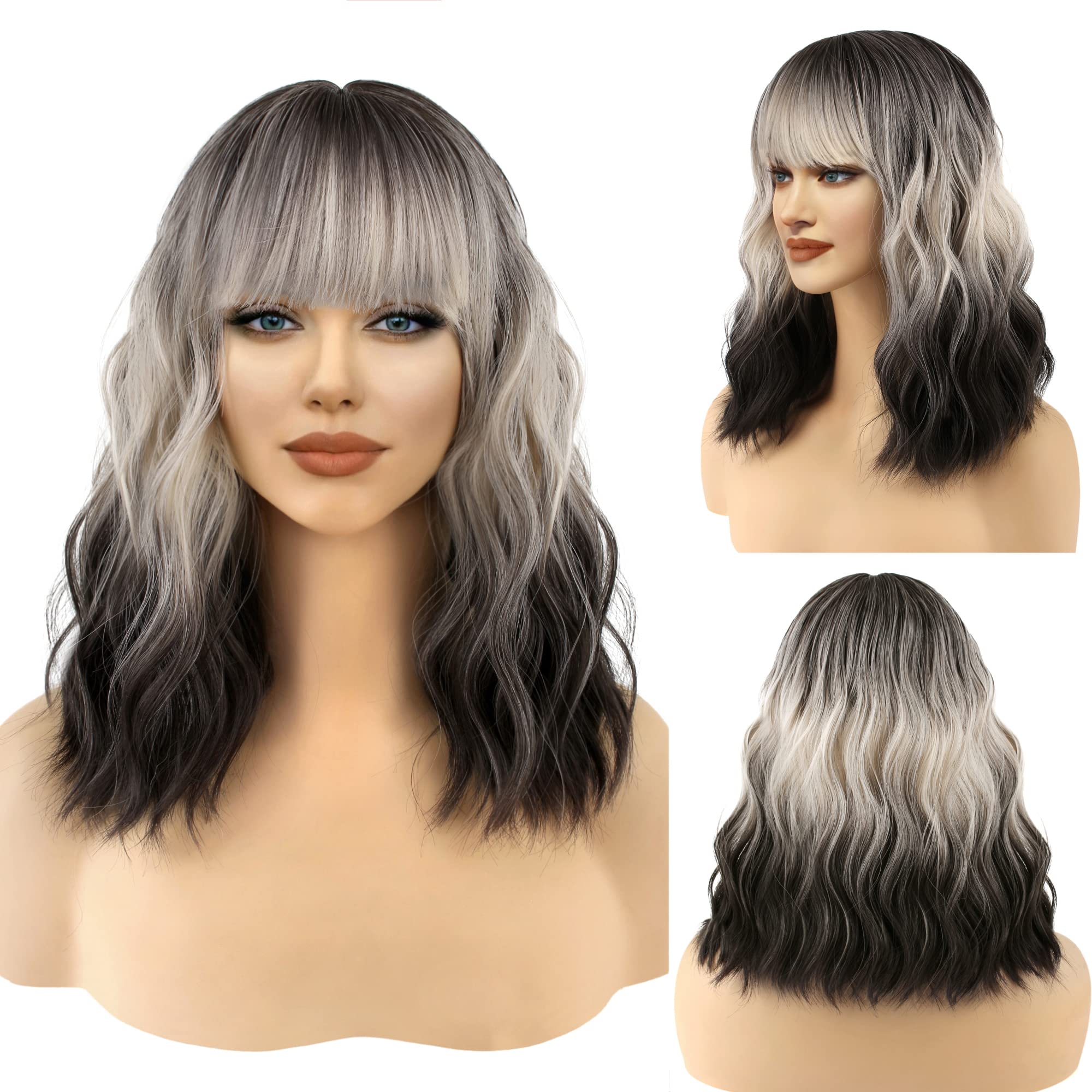 FAELBATY Short Black Ombre White Blonde Wig Short Wave Bob Wigs for Women With Bangs Shoulder Length Synthetic Cosplay Party Wig for Girls Costume Wigs (12" 60R)