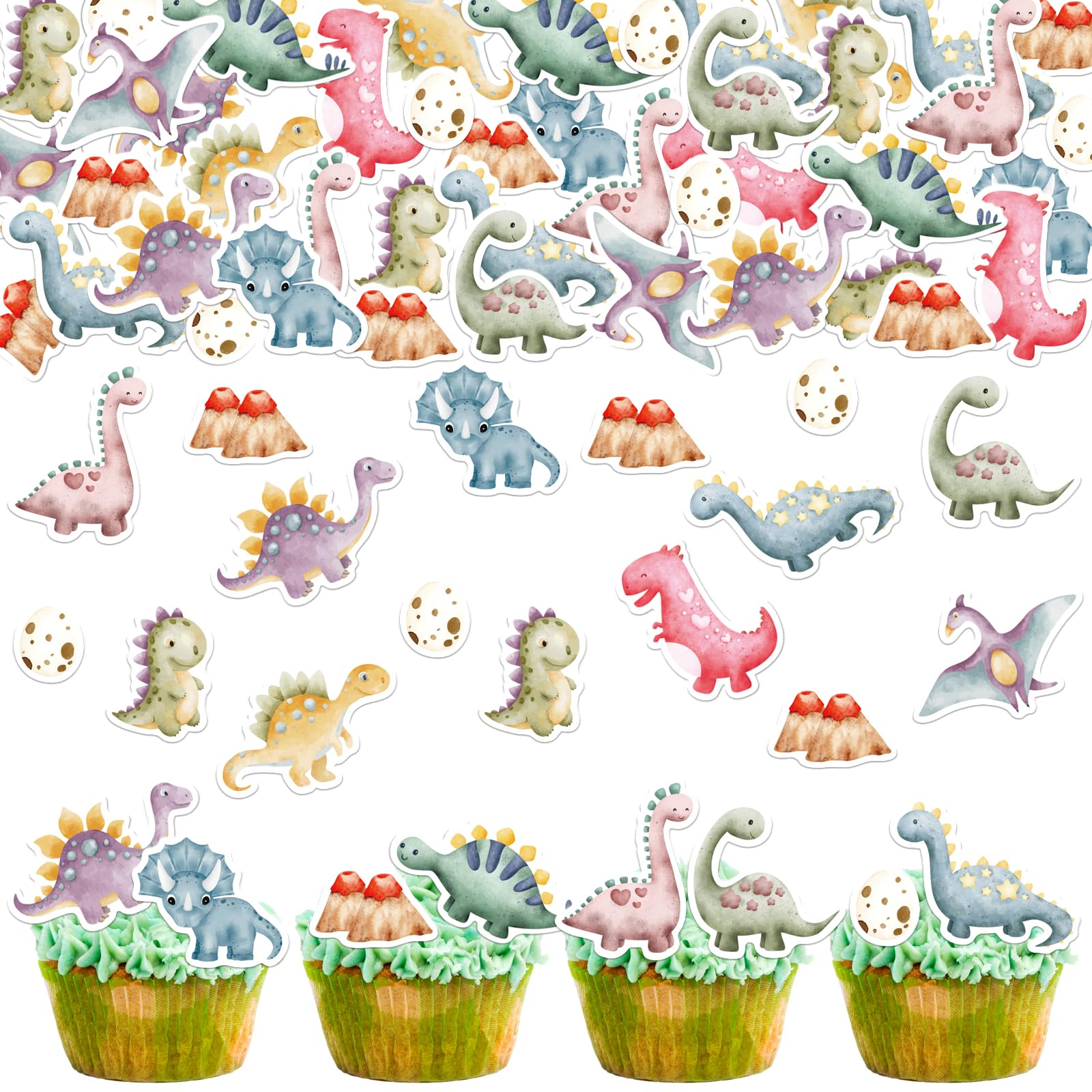 Fyeoxle 38PCS Edible Dinosaur Cupcake Toppers Wafer Paper Dinosaur ...