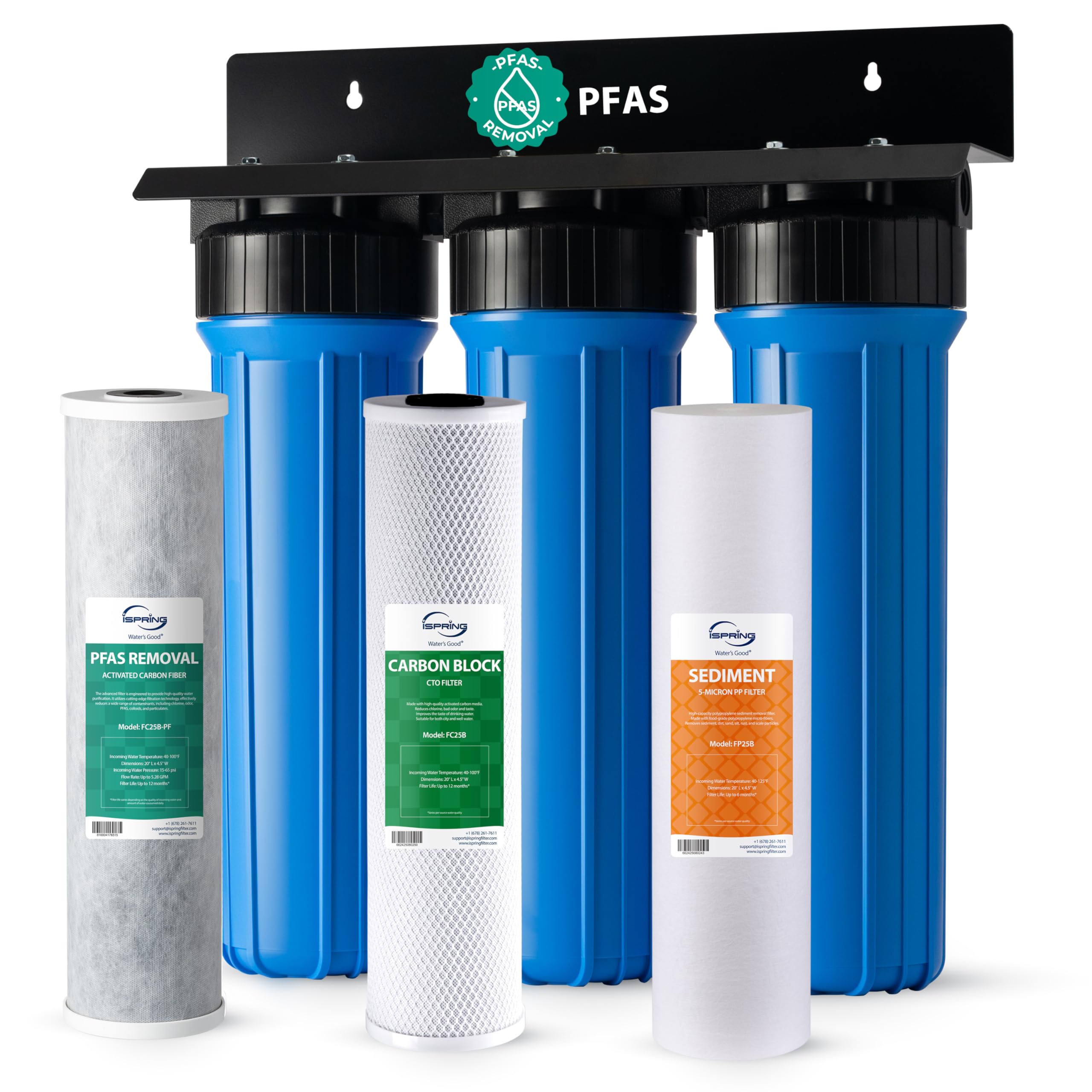 iSpring PFAS Whole House Water Filter System, SGS-Tested to Remove up to 99% PFOA & PFOS, 3-Stage Filtration Reduces Sediment, Chlorine, Taste & Odor, 20-Inch Filters, 1" Inlet/Outlet Model: WGB32B-PF Image
