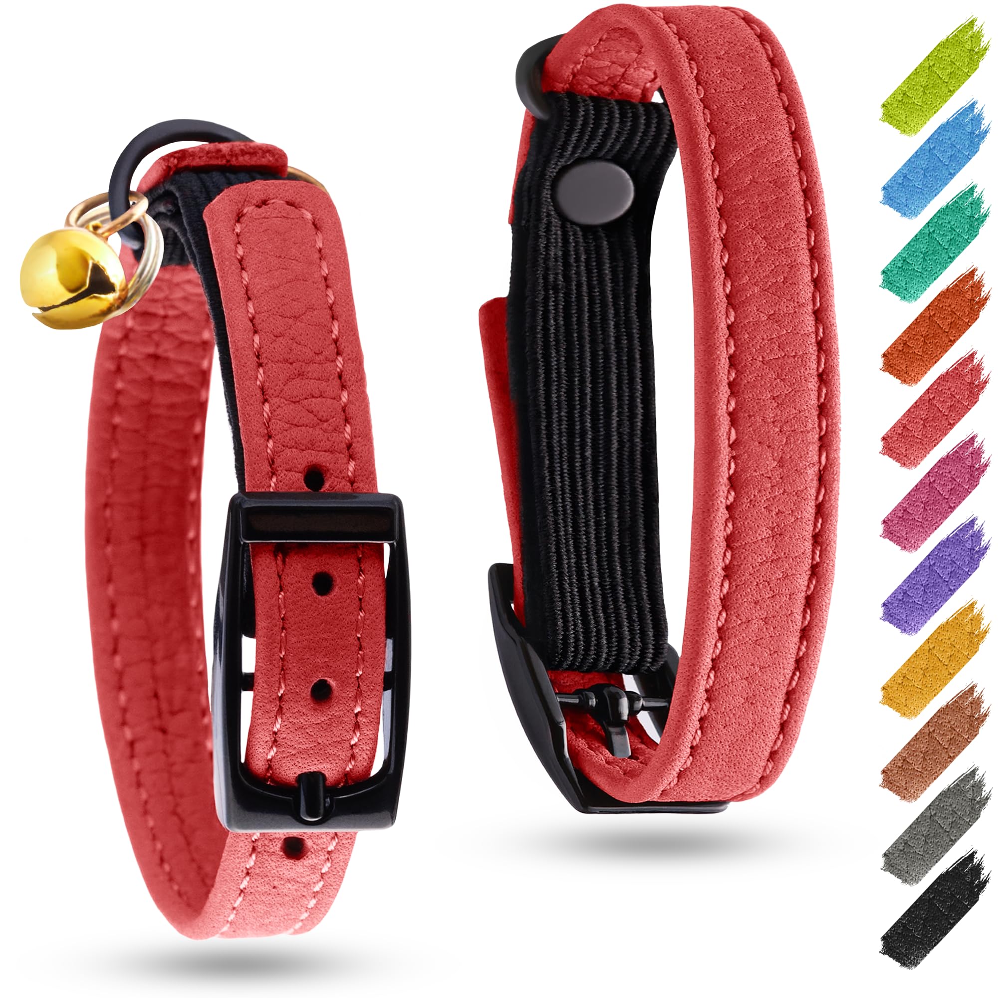 Photo 1 of Leather Cat Collar with Bell and Safety Elastic Strap Breakaway Alternative for Small & Large Kittens, Stylish Pet Leather Collar for Boy, Girl Cats with Metal Buckle & QR ID Tag (Red)
