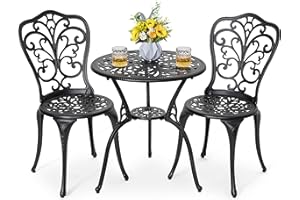 NUU GARDEN 3 Piece Bistro Set Outdoor, All Weather Cast Aluminum Patio Bistro Sets Patio Table and Chairs Set of 2 with Umbrella Hole for Yard, Balcony, Black, Butterfly Backrest