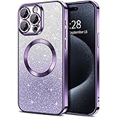 Hython for iPhone 15 Pro Case Clear Magnetic Glitter Phone Cases [Compatible with MagSafe] Full Camera Lens Protector Slim Gradient Sparkle Luxury Plating Shockproof Protective Cover Women, Purple