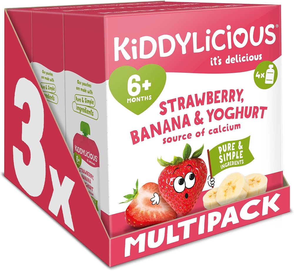 Kiddylicious Strawberry Banana Yoghurt Fruit Pouches 12 Pack 6+ Months