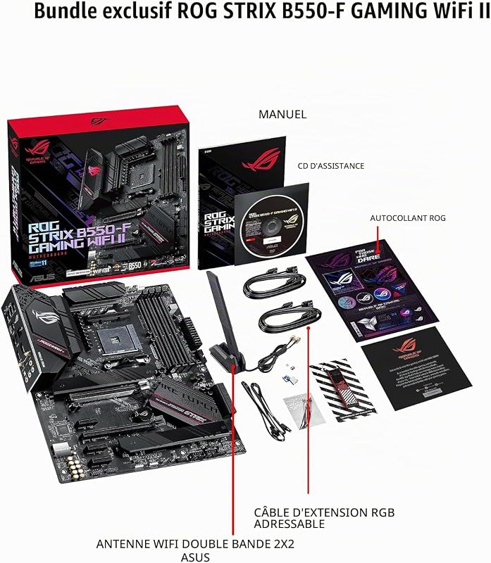 ROG Strix B550-F Gaming WI-FI II – Cartes mères Gaming AMD B550 Ryzen AM4 ATX (PCIe 4.0, 12+2 DrMOS, Intel 2.5 GB Ethernet, WiFi 6E, 2 x M.2, SATA 6 Gbps, USB 3.2 Gen 2, Aura Sync RGB)