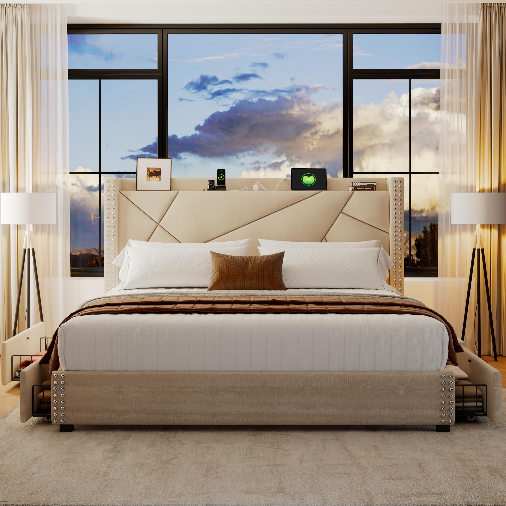 Einhomn Upholstered King Size Bed Frame with 4 Storage Drawers ...