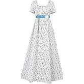Regency Dress for Women Long Floral Print Short Puff Sleeve Empire Waist Maxi Dress Vintage Inspired Costume