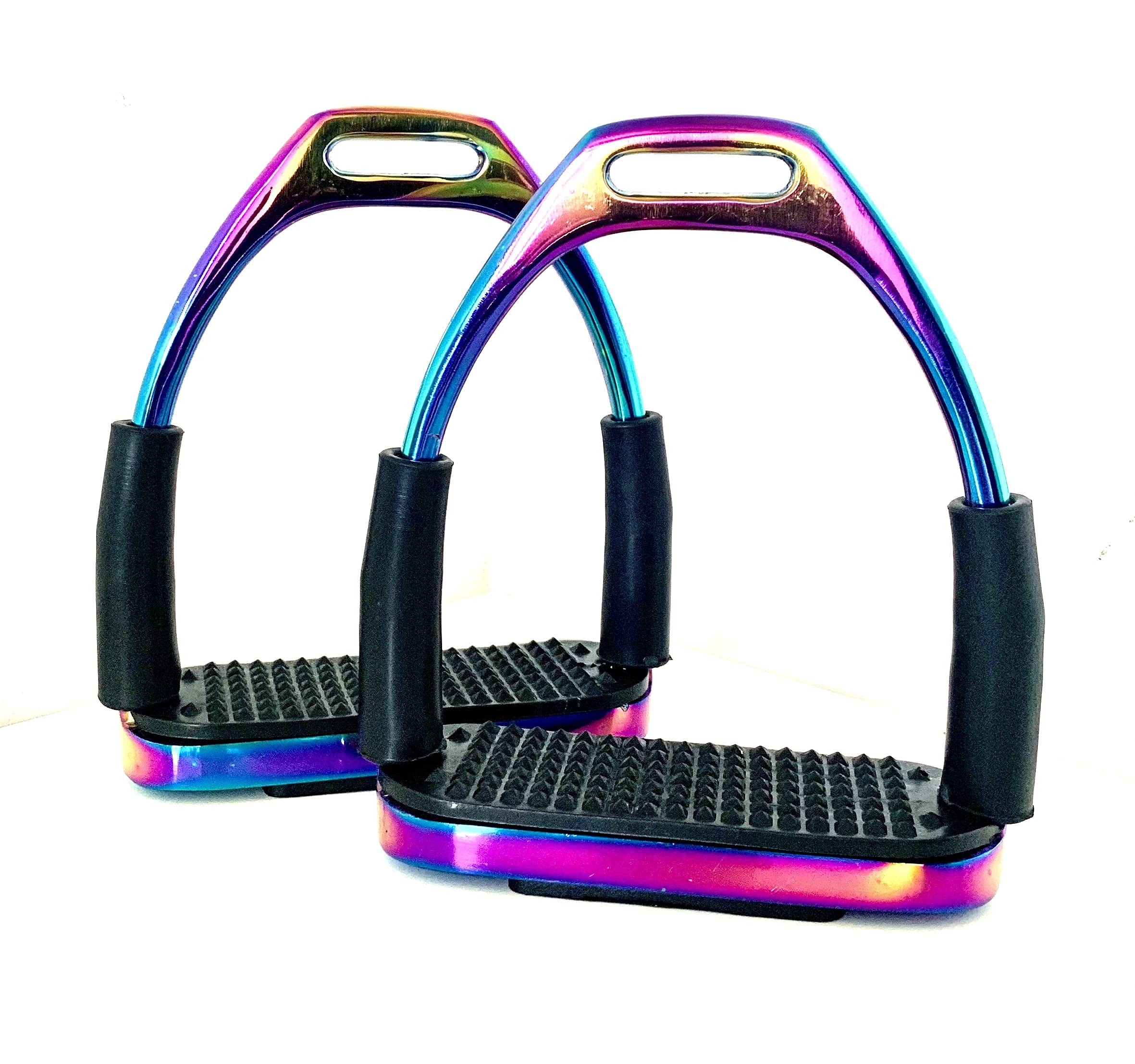 EXTREME RAINBOW GLOSS FILLIS SAFETY FLEXI BENDY STIRRUPS HORSE RIDING S/STEEL WITH TREADS 4" & 4.75" (4 Inches)
